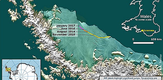 Жута линија која прелази у ружичасту боју приказује колико се процеп формирао од 2010. Жута линија која прелази у ружичасту боју приказује колико се процеп формирао од 2010.