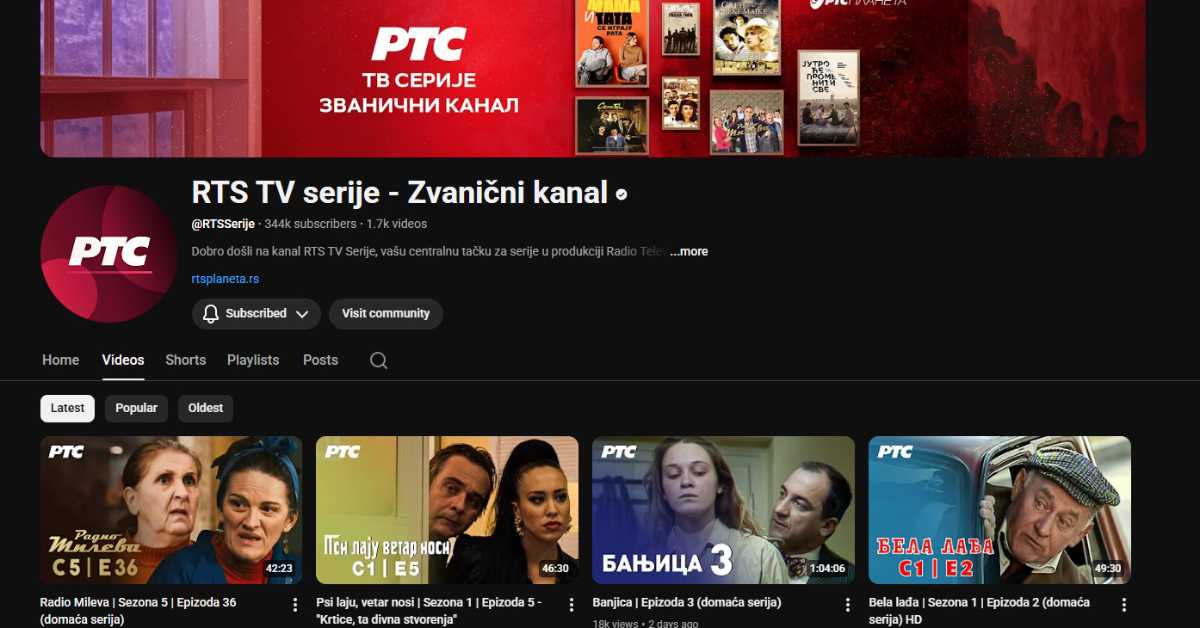 Званични „Јутјуб" канал „РТС ТВ серије" забележио више од 300 милиона прегледа 
