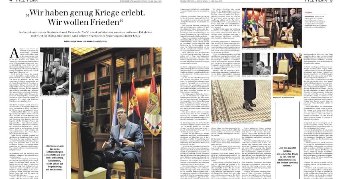 Вучић за Берлинер цајтунг: Биће тешко спречити Трећи светски рат
