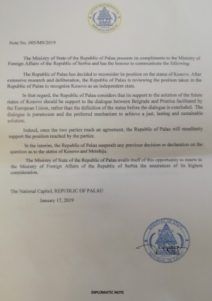 Дипломатска нота Републике Палау Дипломатска нота Републике Палау