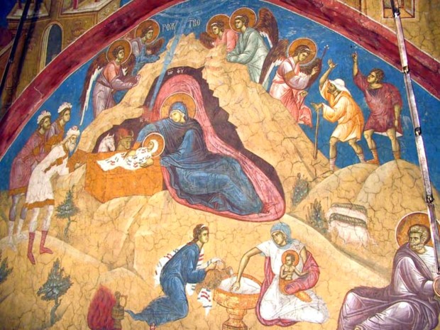 Рођење Христово, фреска из Манастира Високи Дечани (XIV век)