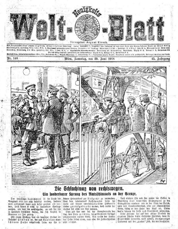 Naslovna strana austrijskih novina od 29. juna 1918. godine, sa pričom o srpskom petlu i nemačkom vojniku