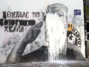 На мурал Ратку Младићу бачена канта беле фарбе